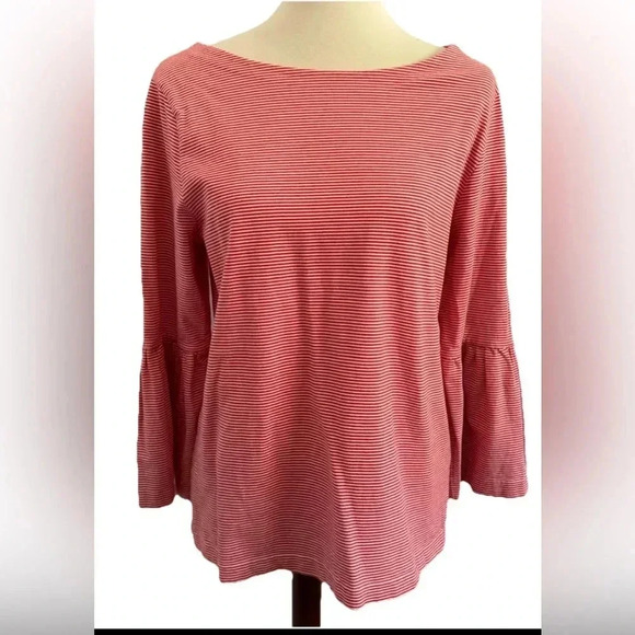 J. Crew Red & White Pinstriped 3/4 Bell Sleeve 100% Cotton Boat Neck Top Size L - Picture 1 of 16